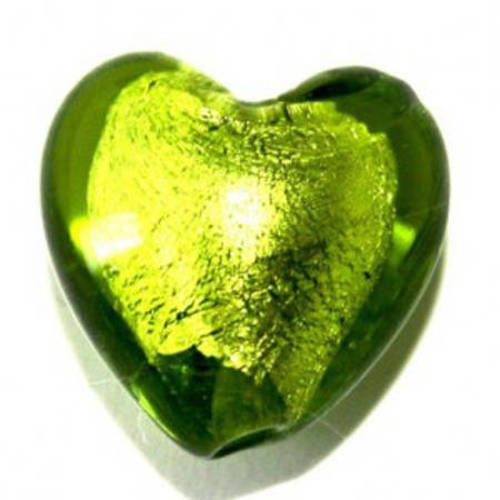 Coeur verre feuille d’argent 15mm olivine x 2 