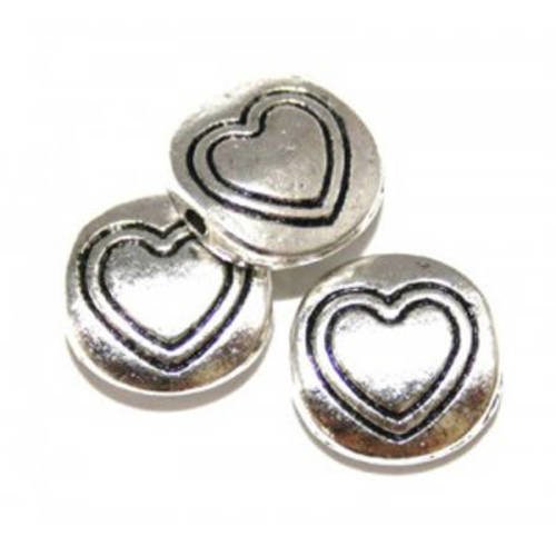Perle ronde motif coeur métal 10mm argenté vieilli x 5