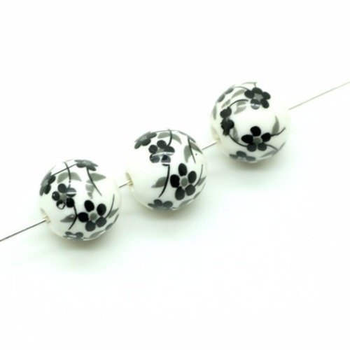 Perle ronde en porcelaine 10 mm blanc/noir x 2