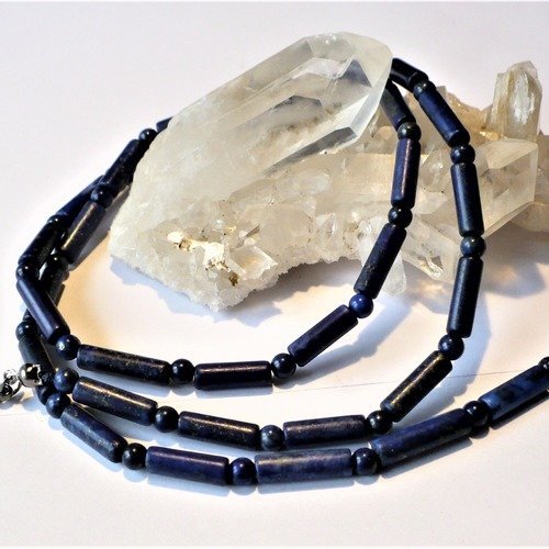 Collier lapis lazuli véritable, perles rondes 6 mm et tubes 13*4 mm. longueur au choix. homme, femme, pierre fine gemme.