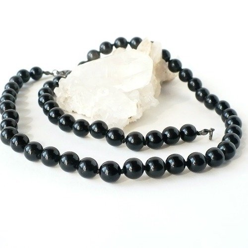Collier obsidienne noire naturelle, pierres nouées 8 mm. homme ou femme. pierre fine gemme.