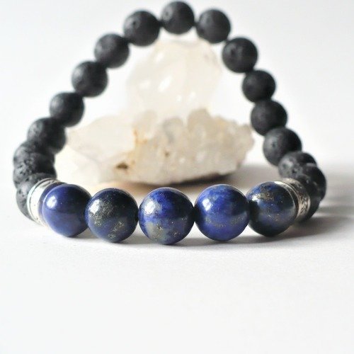 Bracelet élastique lapis lazuli / pierres de lave perles 8 mm - pierre fine semi-précieuse véritable naturelle