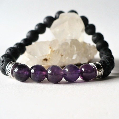 Bracelet amethyste et pierres de lave, perles 8 mm. bracelet élastique homme ou femme. pierre fine gemme.