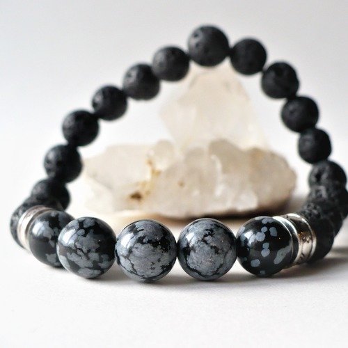 Bracelet obsidienne flocon de neige et pierre de lave, perles 8 mm. bracelet élastique homme ou femme. pierre fine naturelle.