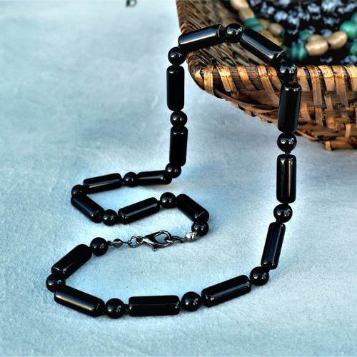 Collier obsidienne noire, pierres nouées rondes et tubes (5-6 mm), homme / femme. longueurs au choix. pierre fine gemme.