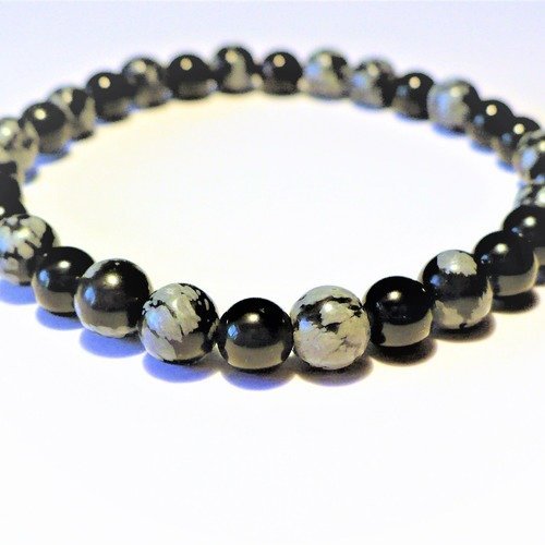 Bracelet obsidienne noire et flocon de neige naturelles, perles rondes 6 mm, homme femme. pierre fine gemme.