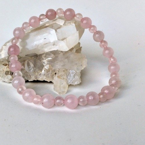 Bracelet quartz rose véritable (perles d'environ 4 et 6 mm) élastique - homme / femme - pierre semi-précieuse