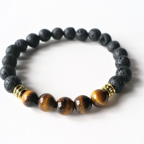 Bracelet pierre de lave et œil de tigre naturels 8 mm. bracelet élastique.homme femme. gemme pierre fine.