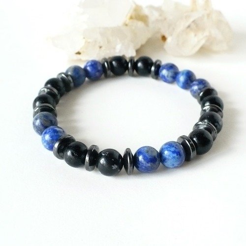 Bracelet lapis lazuli, obsidienne finement mouchetée, hématite 8 mm. homme ou femme. pierre fine gemme.le