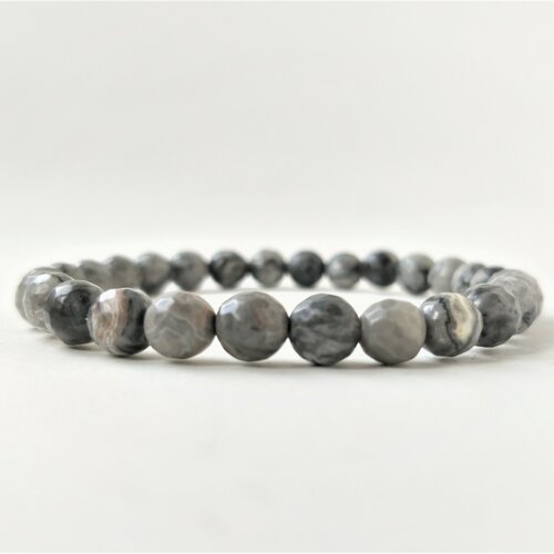 Bracelet jaspe gris véritable (perles d'environ 6 mm) élastique - pierre naturelle