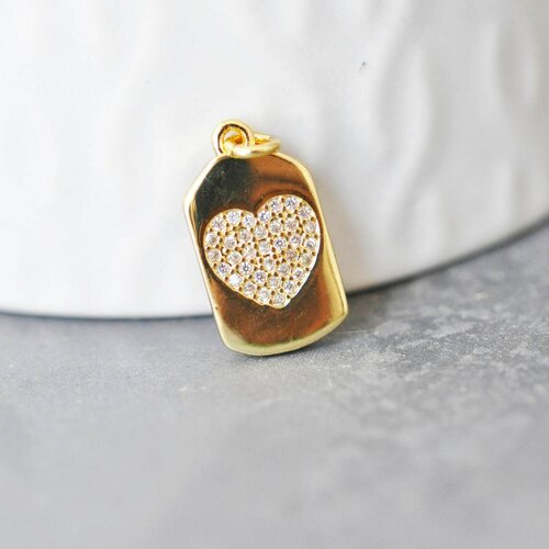 Pendentif médaille rectangle coeur laiton doré 18k cristal sans nickel,création bijoux,pendentif amour, 17x10mm g3479