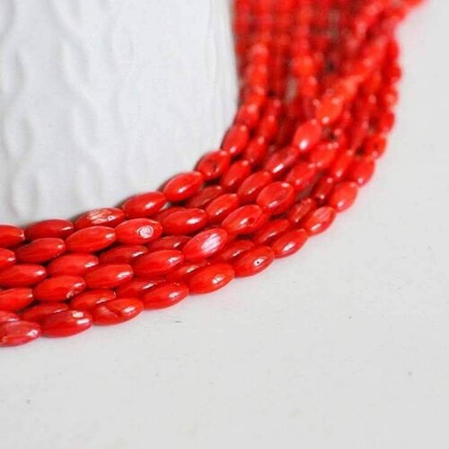Perle ovale corail rouge,perles corail, fabrication bijoux,grain de riz,corail rouge,corail naturel, fil 51 perles-g993