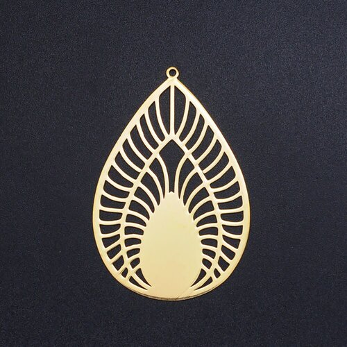 Pendant steel dore drop sun, golden charm, golden stainless steel, filigree pendant without nickel, jewelry creation, 52mm, unit g6119