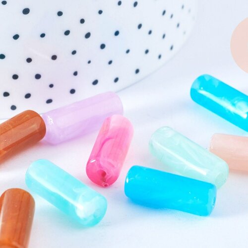 Perle tube imitation gemme plastique multicolore 20mm , perle plastique coloré, couleurs mélangées,lot de 10 perles g6401
