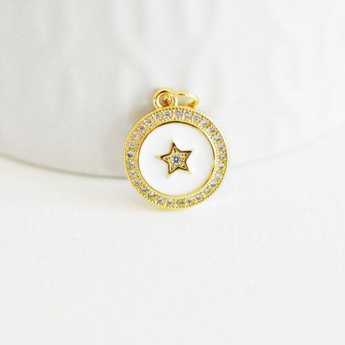Pendentif rond doré étoile résine blanche, un pendentif pour femme en métal doré pour la création de bijoux,16mm,l'unité,g3158