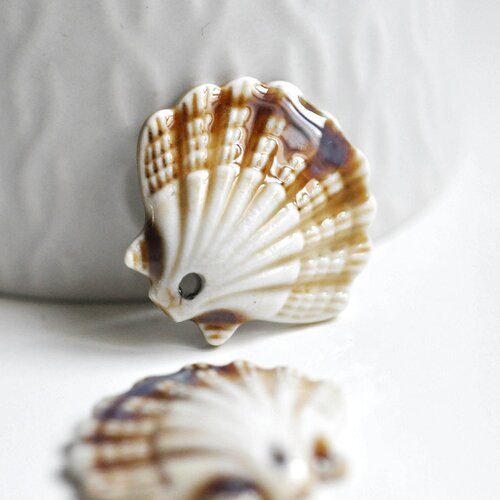 Pendentif porcelaine beige coquillage, perle céramique géométrique pour fabrication bijoux en céramique blanche, lot de 5, 30mm,g3310