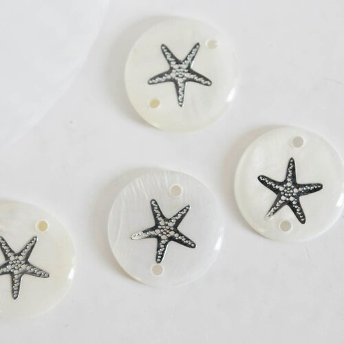 Pendentif rond nacre étoile argenté, pendentif étoile,coquillage blanc,coquillage naturel,création bijoux,16mm,2 trous-g1021