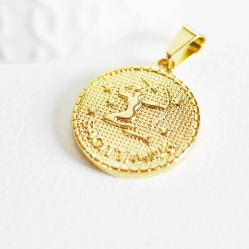 Pendentif médaille ronde sagittaire acier doré,signe astrologique,pendentif doré,sans nickel,création bijoux,médaille or,2.9cm-g2077