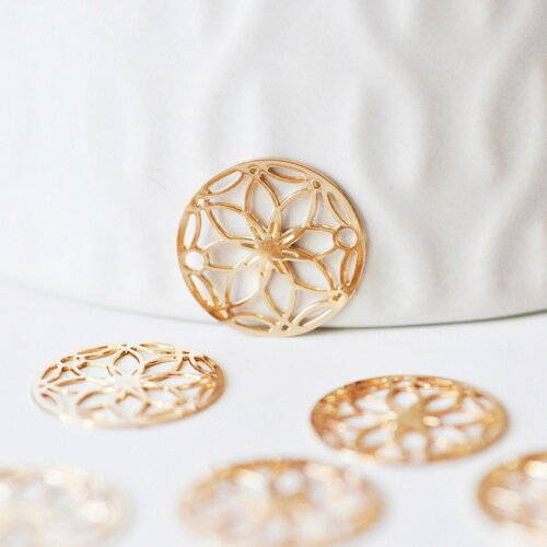 Pendentif estampe filigrane rond fleur laiton doré, pendentif très fin et léger pour création de bijoux, 13mm,lot de 2 g4599