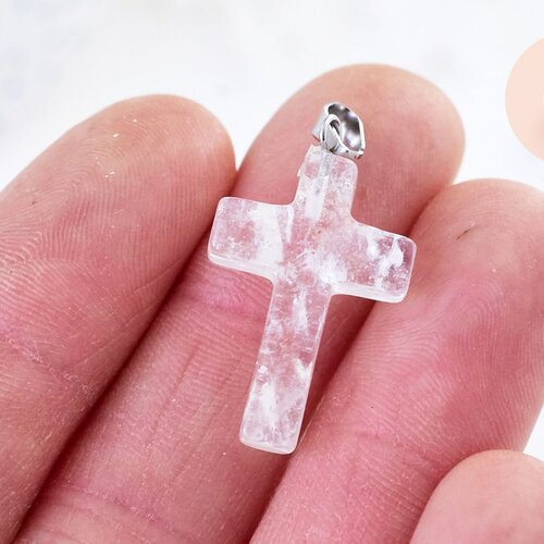 Pendentif croix cristal de roche acier inoxydable 29mm,pendentif pierre, support argent, création bijoux,quartz naturel,l'unité g5842