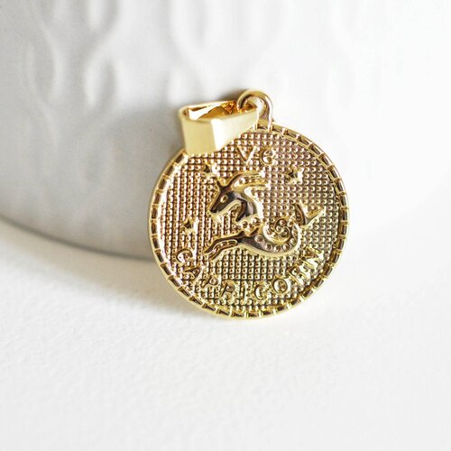 Pendentif médaille ronde capricorne acier doré,signe astrologique, pendentif doré,sans nickel,laiton doré,médaille or,2.9cm-g818
