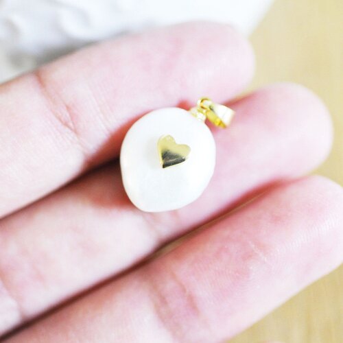 Pendentif perle naturelle keshi coeur dorée,porte bonheur,perle eau douce,création bijou,perle naturelle blanche,17-27mm, l'unité,g3091
