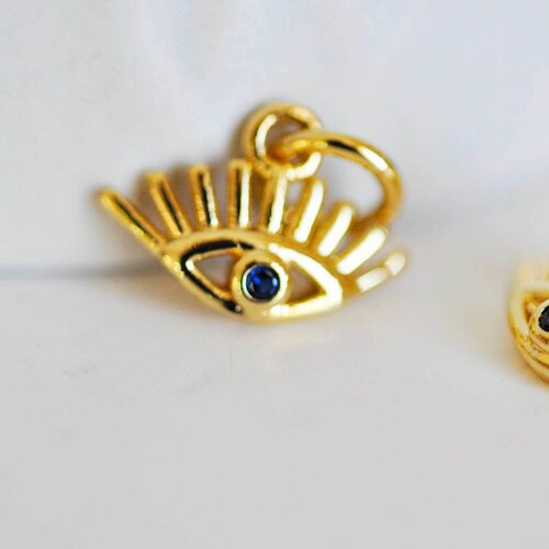 Pendentif oeil doré cristal bleu, pendentif doré, porte-bonheur,laiton doré,mauvais oeil,création bijoux,13mm,lot de 2-g642