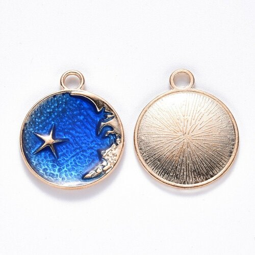 Pendentif médaille rond lune étoiles émail bleu zamac doré 25mm, pendentif laiton émaillé,sans nickel,l'unité g5838