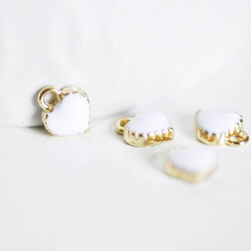 Pendentifs doré cœur émail blanc, pendentif coeur,fournitures créatives, métal doré, pendentif amour,création bijoux,8mm, lot de 10-g1885