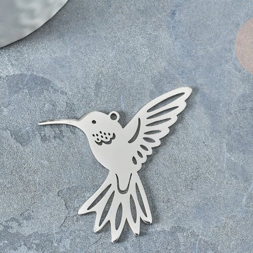 Pendentif oiseau colibri argenté acier inoxydable 39.5mm,création bijoux acier inoxydable, l'unité g7668