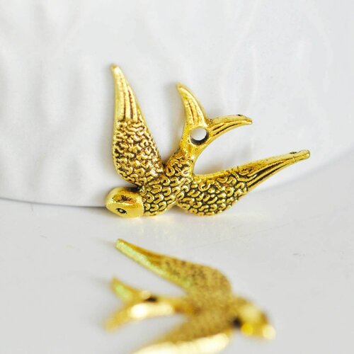 Pendentif hirondelle doré cristal bleu,pendentif doré,sans nickel,laiton doré,oiseau doré,création bijoux,25mm,lot de 2-g999