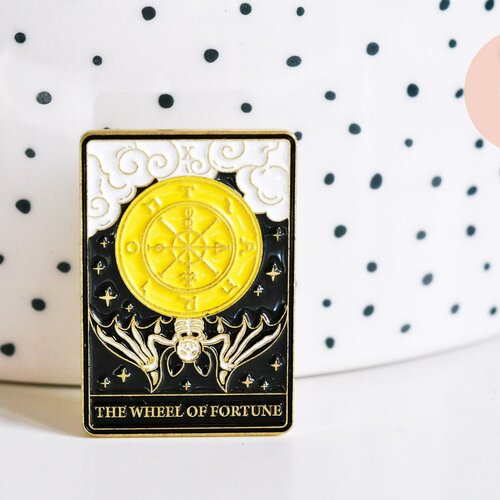 Broche pins carte tarot la roue de la fortune mystique émail noir doré émail 30.5mm,broche dorée,décoration veste,l'unité g6764