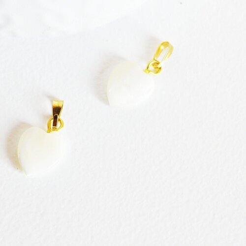 Pendentif coeur nacre blanche naturelle doré,pendentif coeur,coeur nacre,coquillage blanc,création bijou,lot de 2,13mm g311
