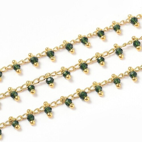 Chaine dorée perle cristal vert foncé, chaine collier,création bijoux ,chaine lunettes,chaine fantaisie 2.5x2mm,vendue au mètre g5443