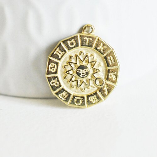 Pendentif soleil zodiaque acier doré,pendentif doré horoscope,porte-bonheur,acier doré inoxydable,24mm,l'unité g4053