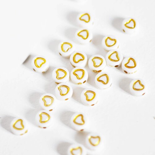 Perle ronde coeur doré plastique blanc,perle plastique,perle ronde lettre,création bijoux,perle coeur, lot de 10 grammes-g1836
