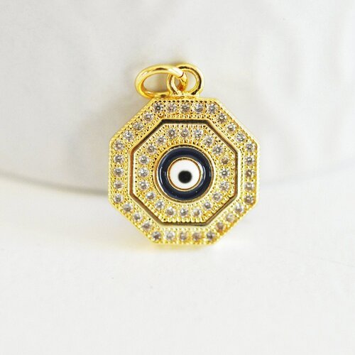 Pendentif œil cristal zircon or octogone,pendentif doré porte-bonheur en laiton doré pour la création bijoux,17mm,l'unité,g3162