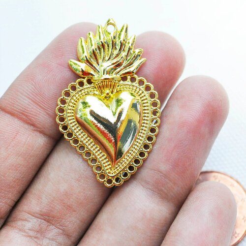 Perle coeur flamme zamac doré,fournitures créatives, sans nickel,creation bijoux,perle géométrique,40mm,lot de 2 g3687
