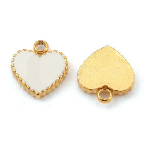 Pendentif médaille coeur acier doré émail blanc, pendentif acier doré,sans nickel,acier doré, création bijoux,médaille acier,11mm g4884