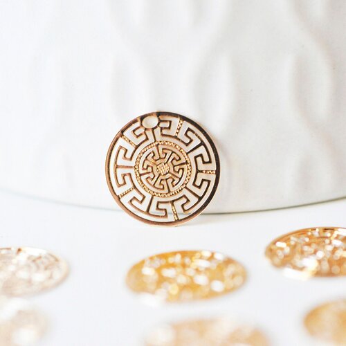 Pendentif estampe filigrane rond aztèque laiton doré, pendentif très fin et léger pour création de bijoux, 13mm,lot de 2 g4456