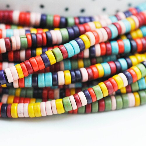 Perles rondes rondelles howlite multicolore, perles pierre,fabrication bijoux,perle heshi,howlite synthétique, fil de 160 perles g4500