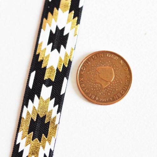 Ruban élastique motif aztèque or noir efjf, fabrication bijoux, bracelet evjf,ruban mariage,scrapbooking,16mm,1 mètre-g1579
