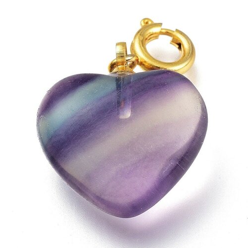 Pendentif coeur fluorite violette dorée, pendentif en pierre naturelle, fluorite naturel pour création bijoux pierre,17.5mm, l'unité g6112