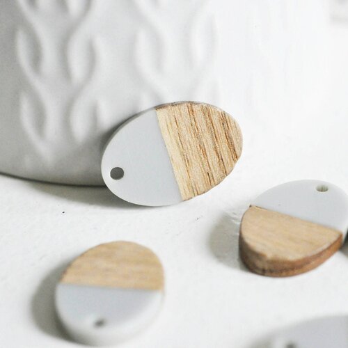 Pendentif ovale bois résine gris, perle bois naturel, perle géométrique,perle création bijoux bois,23mm,les 5 g7529