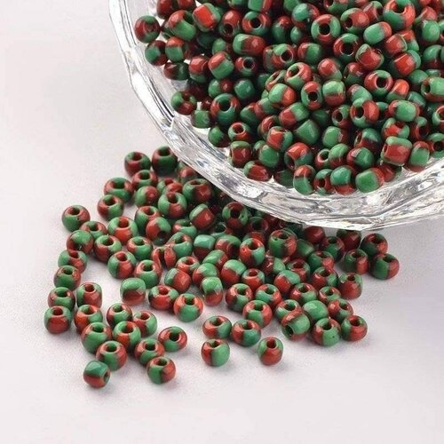 Petite perle rocaille rayé rouge vert, perle rocaille multicolore, création bijoux,perle multicolore,2.5mm x 3mm, 10 grammes g5397