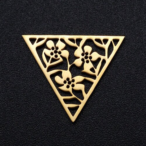 Pendentif triangle fleuri acier doré 17mm, breloque doré, acier inoxydable doré, pendentif sans nickel, création bijoux, l'unité g5925