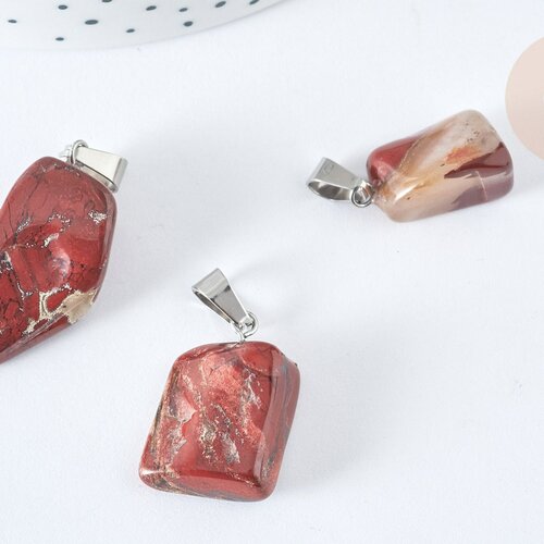Pendentif pépite jaspe rouge acier inoxydable 304 argenté 15~35mm, pendentif bijoux pierre, l'unité g7543