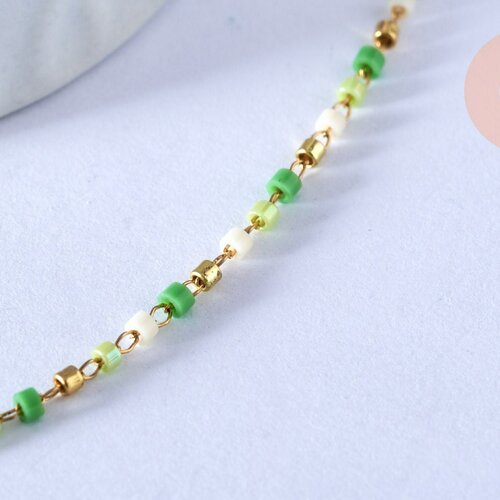 Chaine complète acier doré perle rocaille vert artisanale, création collier acier inoxydable doré,40.7cm, l'unité g4104