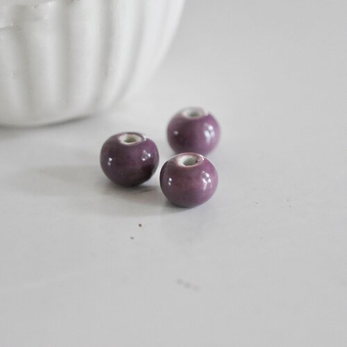Perle ronde en porcelaine céramique violet lilas pour création de bijoux, création bijoux, lot de 5, 1.5cm,g3112
