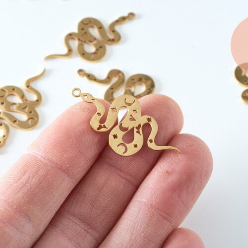 Pendentif serpent lunes acier doré 32mm, breloque acier inoxydable doré, pendentif sans nickel, création bijoux, l'unité,g6011